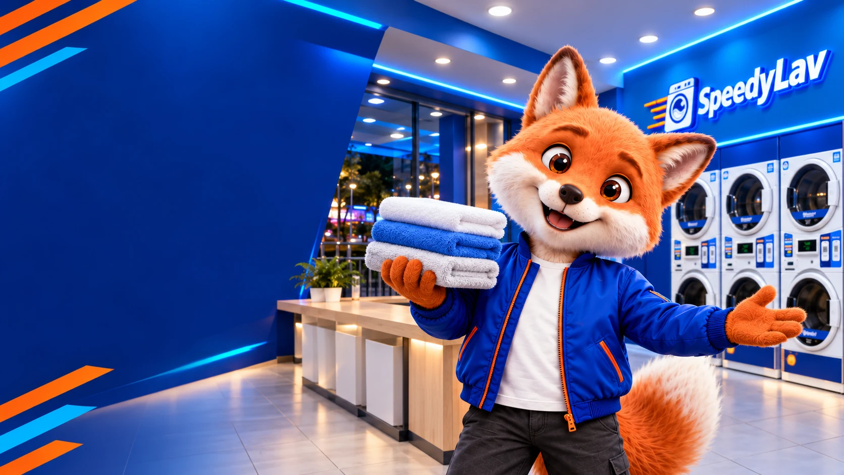 FOX, mascote da SpeedyLav, recebendo você na lavanderia com uma pilha de roupas limpas